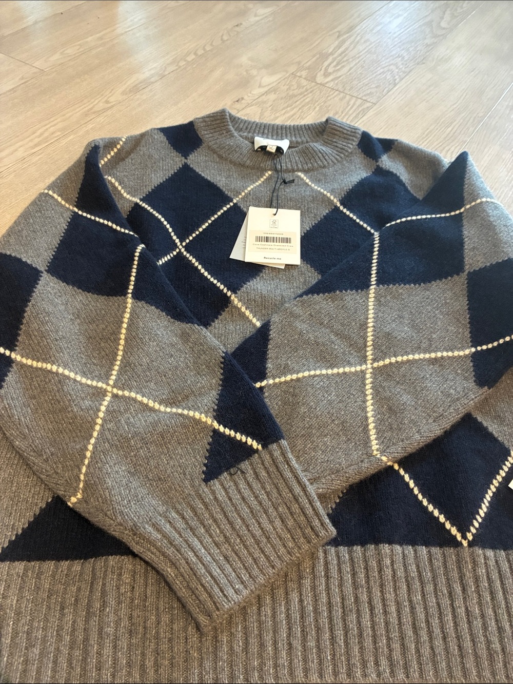 Brand New Reformation Cove Cashmere Oversized Crew Thunder multi argyle